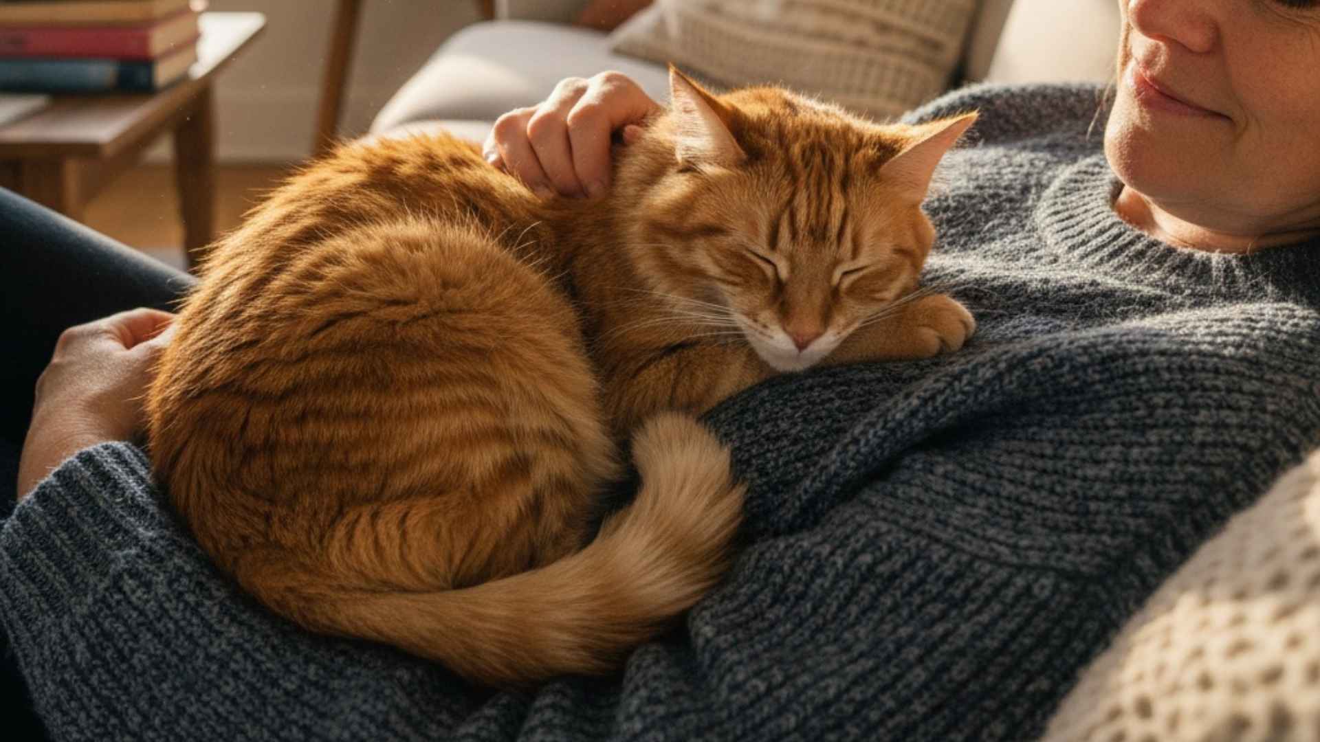 gato en el regazo de su humana